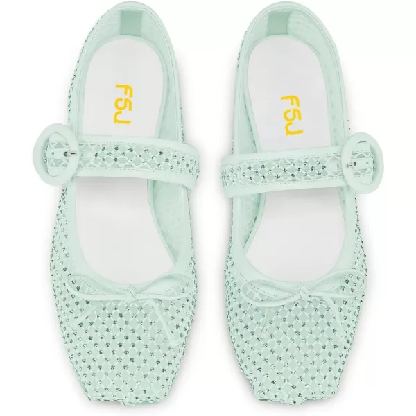 imageFSJ Women Rhinestones Mesh Ballet Flats Sparkly Square Toe Crystal Embellished Bowtie Mary Jane with Buckled Strap Comfy Studded Ballerina Shoes Size 415 USLight Mint Green