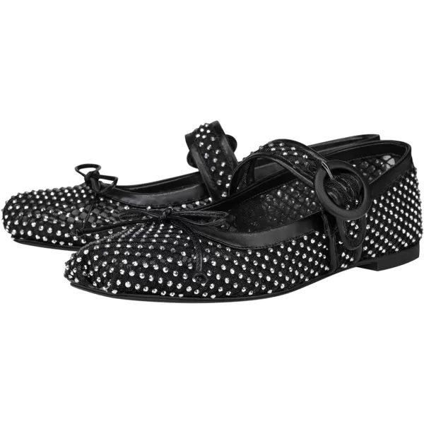 imageFSJ Women Rhinestones Mesh Ballet Flats Sparkly Square Toe Crystal Embellished Bowtie Mary Jane with Buckled Strap Comfy Studded Ballerina Shoes Size 415 USBlack