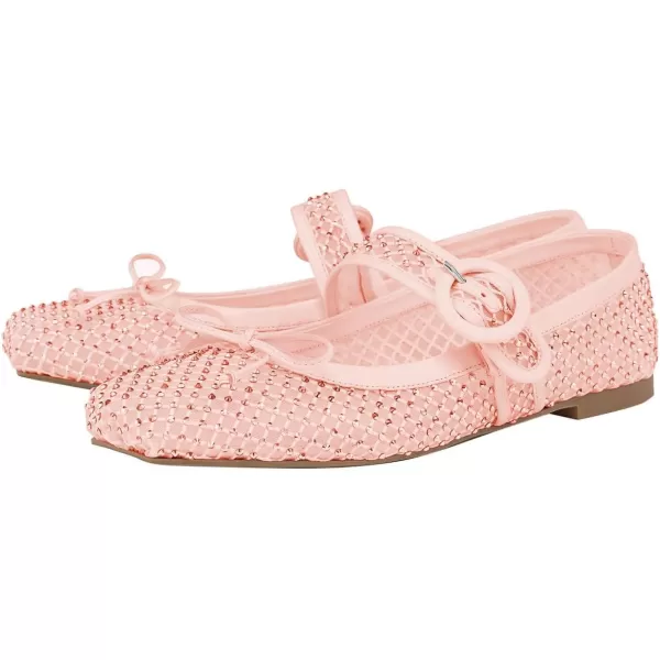 imageFSJ Women Rhinestones Mesh Ballet Flats Sparkly Square Toe Crystal Embellished Bowtie Mary Jane with Buckled Strap Comfy Studded Ballerina Shoes Size 415 USPink