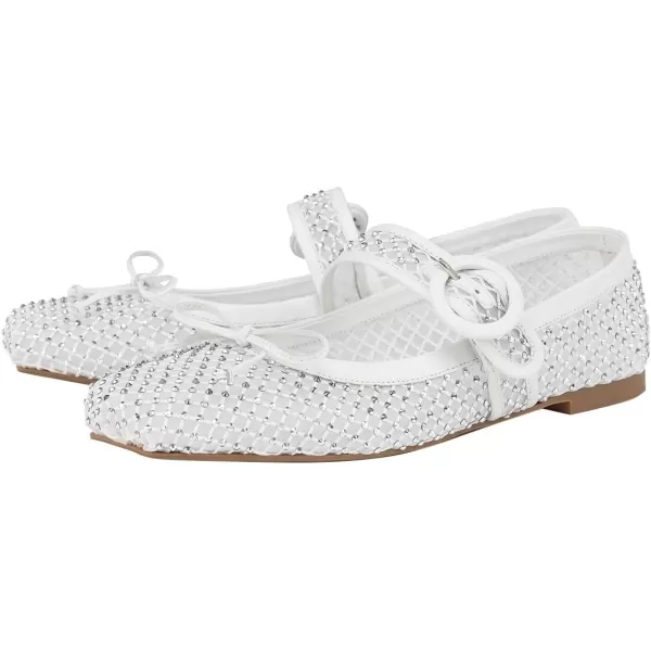 imageFSJ Women Rhinestones Mesh Ballet Flats Sparkly Square Toe Crystal Embellished Bowtie Mary Jane with Buckled Strap Comfy Studded Ballerina Shoes Size 415 USWhite