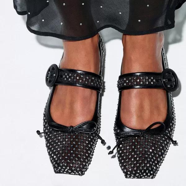 imageFSJ Women Rhinestones Mesh Ballet Flats Sparkly Square Toe Crystal Embellished Bowtie Mary Jane with Buckled Strap Comfy Studded Ballerina Shoes Size 415 USBlack