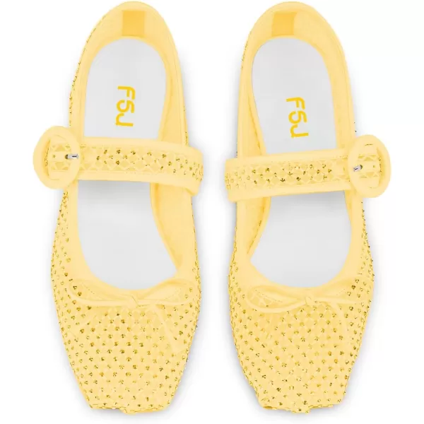 imageFSJ Women Rhinestones Mesh Ballet Flats Sparkly Square Toe Crystal Embellished Bowtie Mary Jane with Buckled Strap Comfy Studded Ballerina Shoes Size 415 USYellow