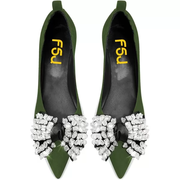 imageFSJ Women Shiny Bowknot with Rhinestone Pointed Toe Flats Slip On Comfy Casual Walking Work Office Ladies Shoes Size 415 USGreen