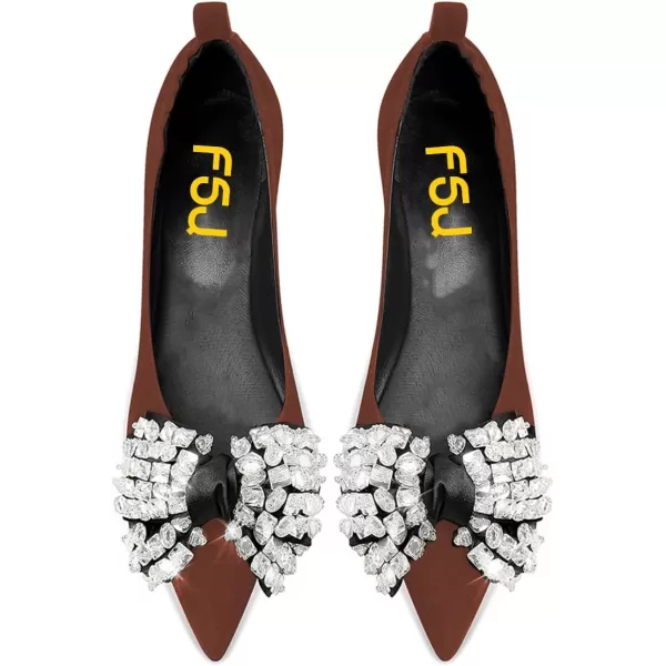 imageFSJ Women Shiny Bowknot with Rhinestone Pointed Toe Flats Slip On Comfy Casual Walking Work Office Ladies Shoes Size 415 USSaddle Brown