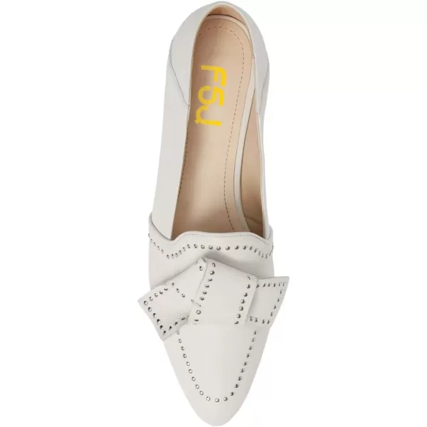 imageFSJ Women Trendy Point Toe Studs Loafer Flats Slip On Low Heels Pumps Bowknot Comfort Casual Formal Dress Shoes Size 415 USWhite