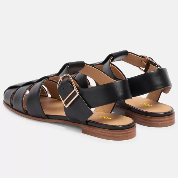 imageFSJ Women Vintage Closed Toe Flat Sandals Caged Comfort Adjustable Buckle Hollow Roman Fisherman Sandals Woven Casual Daily Slingback Shoes Size 416 USBlack Leather