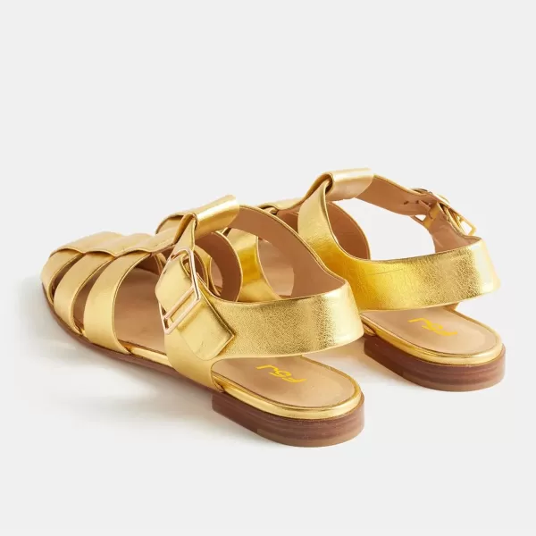 imageFSJ Women Vintage Closed Toe Flat Sandals Caged Comfort Adjustable Buckle Hollow Roman Fisherman Sandals Woven Casual Daily Slingback Shoes Size 416 USGold