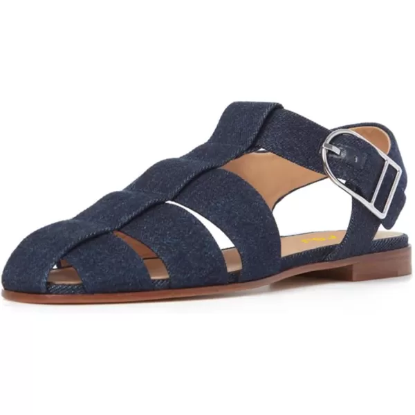 imageFSJ Women Vintage Closed Toe Flat Sandals Caged Comfort Adjustable Buckle Hollow Roman Fisherman Sandals Woven Casual Daily Slingback Shoes Size 416 USDark Blue Denim