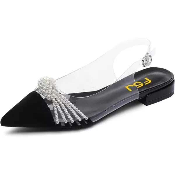 imageFSJ Women Clear Flats Pearls Slingback Low Block Heel Pumps Classy Pointed Toe Ankle Buckle Transparent PVC Wedding Dress Sandals Shoes Size 415 USBlack