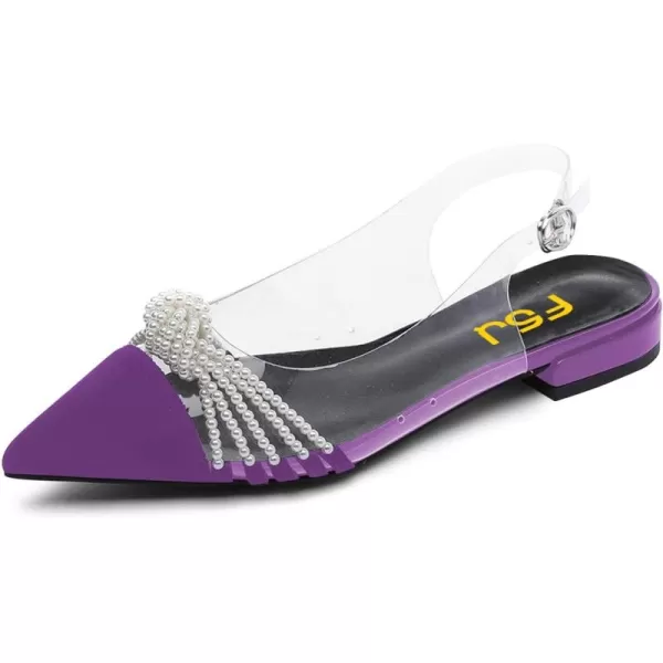 imageFSJ Women Clear Flats Pearls Slingback Low Block Heel Pumps Classy Pointed Toe Ankle Buckle Transparent PVC Wedding Dress Sandals Shoes Size 415 USPurple