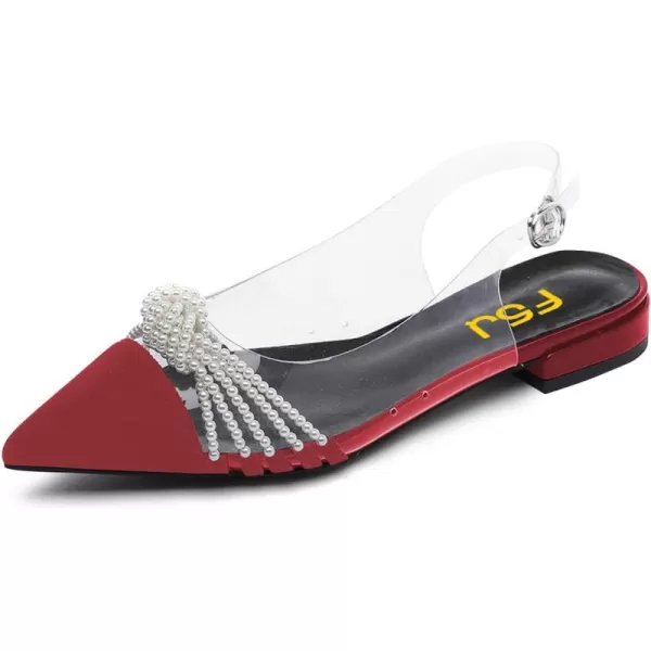imageFSJ Women Clear Flats Pearls Slingback Low Block Heel Pumps Classy Pointed Toe Ankle Buckle Transparent PVC Wedding Dress Sandals Shoes Size 415 USRed