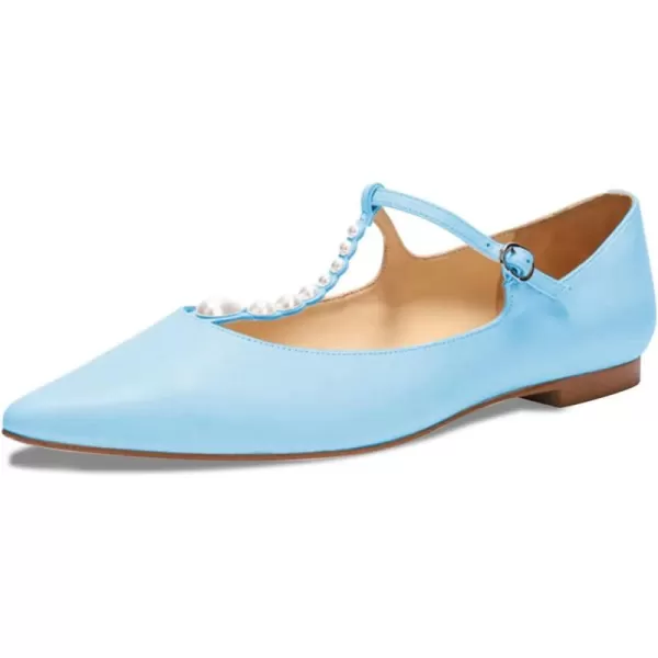 imageFSJ Women Flats Comfortable Closed Toe TStrap Pearls Ballet Flats Soft Slip On Ladies Casual Dressy Shoes Size 415 USSky Blue