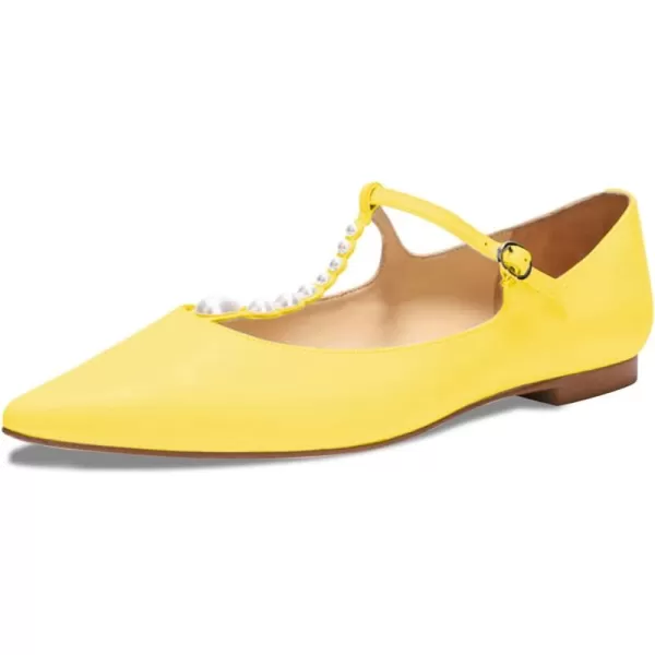 imageFSJ Women Flats Comfortable Closed Toe TStrap Pearls Ballet Flats Soft Slip On Ladies Casual Dressy Shoes Size 415 USYellow