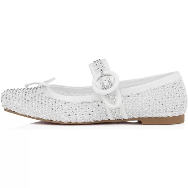 imageFSJ Women Rhinestones Mesh Ballet Flats Sparkly Square Toe Crystal Embellished Bowtie Mary Jane with Buckled Strap Comfy Studded Ballerina Shoes Size 415 USWhite