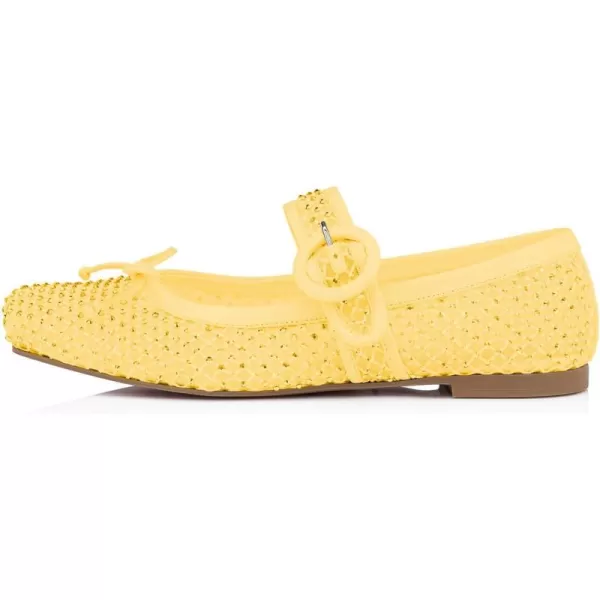 imageFSJ Women Rhinestones Mesh Ballet Flats Sparkly Square Toe Crystal Embellished Bowtie Mary Jane with Buckled Strap Comfy Studded Ballerina Shoes Size 415 USYellow