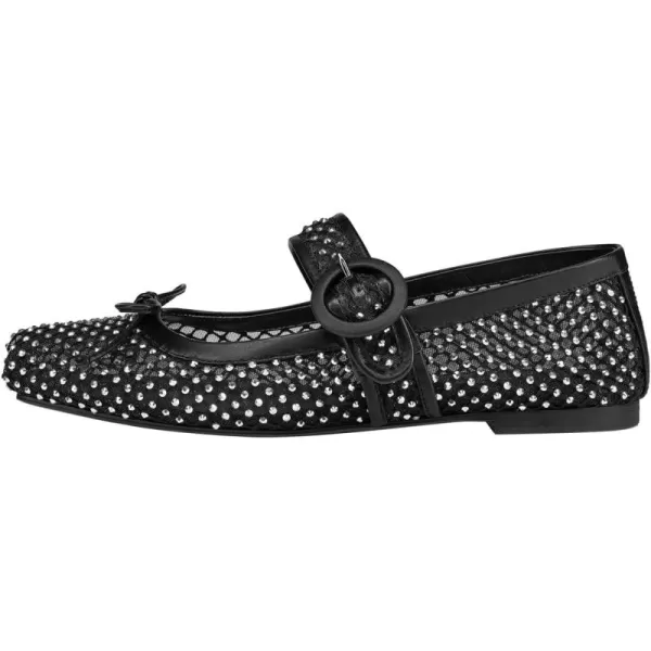 imageFSJ Women Rhinestones Mesh Ballet Flats Sparkly Square Toe Crystal Embellished Bowtie Mary Jane with Buckled Strap Comfy Studded Ballerina Shoes Size 415 USBlack
