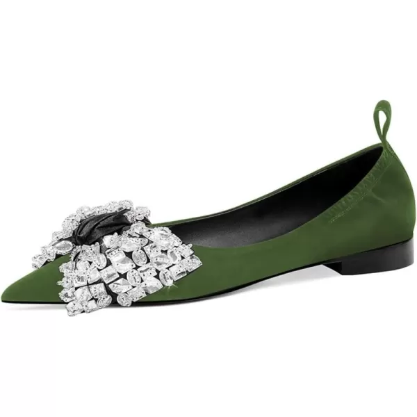 imageFSJ Women Shiny Bowknot with Rhinestone Pointed Toe Flats Slip On Comfy Casual Walking Work Office Ladies Shoes Size 415 USGreen
