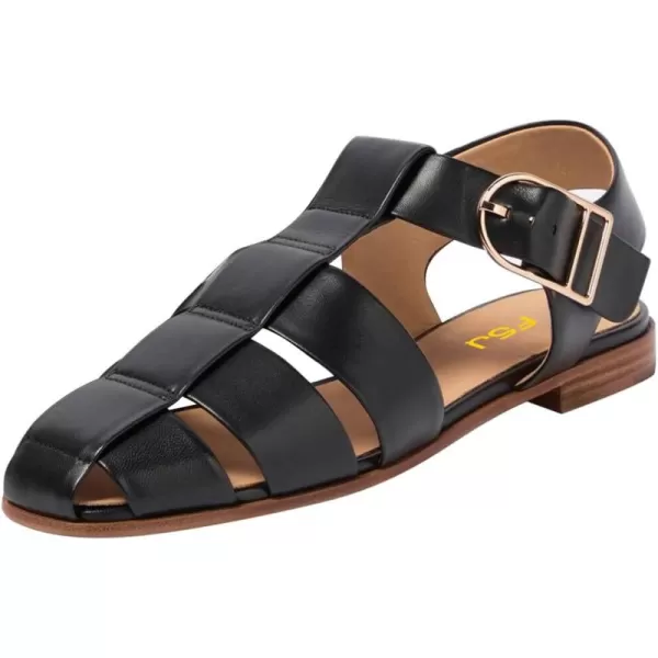 imageFSJ Women Vintage Closed Toe Flat Sandals Caged Comfort Adjustable Buckle Hollow Roman Fisherman Sandals Woven Casual Daily Slingback Shoes Size 416 USBlack Leather