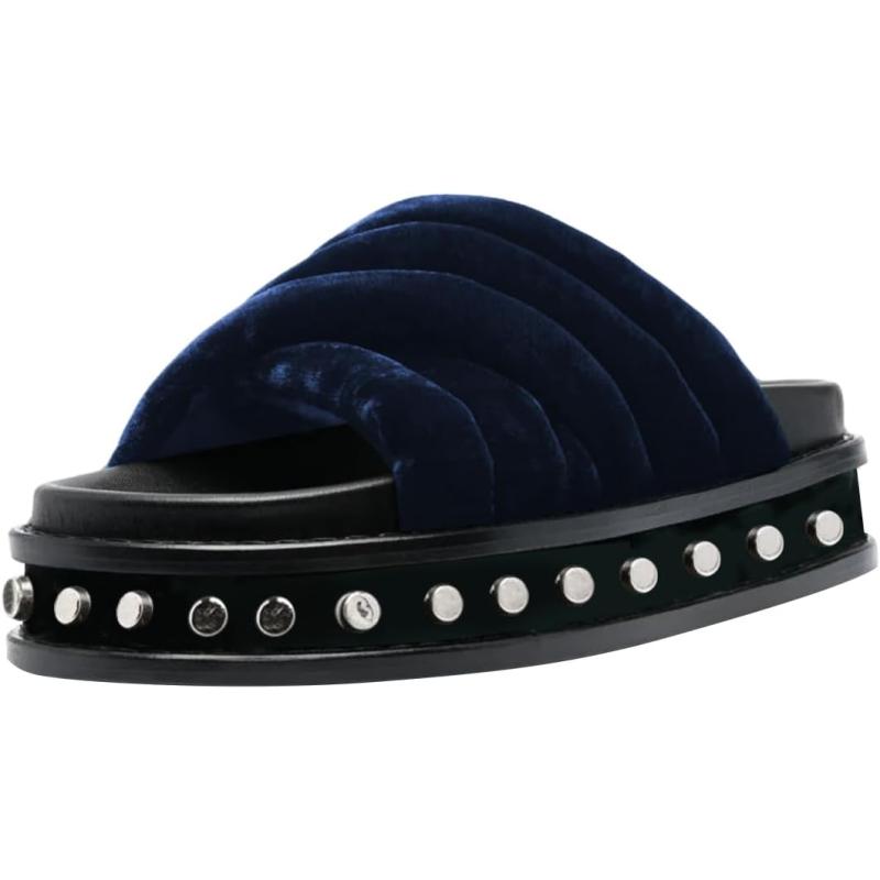 imageFSJ Women Fashion Mules Thick Sole Rivets Studded Flats Sandals Comfortable Open Toe Slip On Slides Crossed Strap Slipper Casual Shoes Size 416 USBlue Velvet
