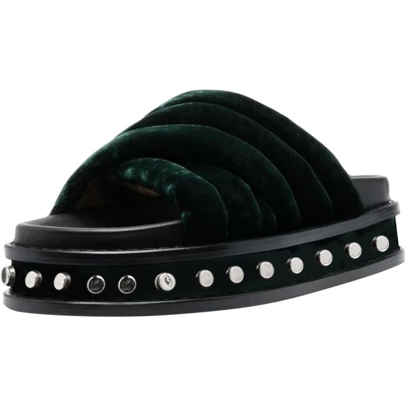 imageFSJ Women Fashion Mules Thick Sole Rivets Studded Flats Sandals Comfortable Open Toe Slip On Slides Crossed Strap Slipper Casual Shoes Size 416 USEmerald Velvet