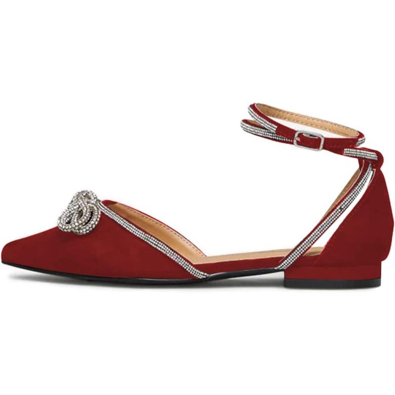 imageFSJ Women Pointed Toe Comfort Low Heel DOrsay Casual Ballet Flats Rhinestones Bowknot Chain Ankle Strap Buckle Office Lace Up Dress Wedding Shoes Size 415 USRed