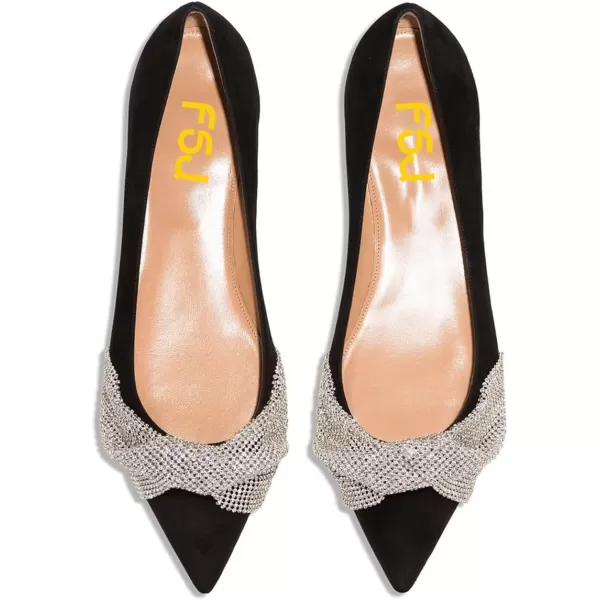 imageFSJ Women Classic Pointed Toe Rhinestone Sequins Bow Casual Slip on Faux Suede Comfort Low Thick Heel Walking Ballet Flat Shoes Size 415 USBlack