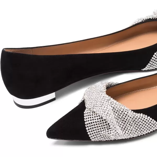 imageFSJ Women Classic Pointed Toe Rhinestone Sequins Bow Casual Slip on Faux Suede Comfort Low Thick Heel Walking Ballet Flat Shoes Size 415 USBlack