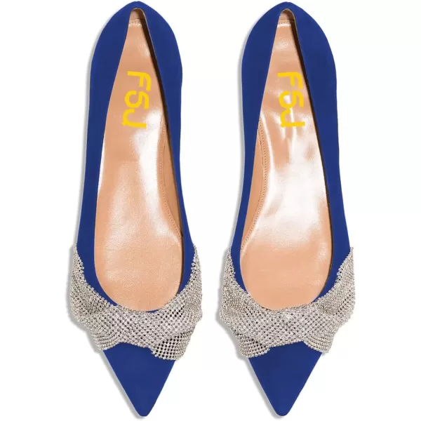 imageFSJ Women Classic Pointed Toe Rhinestone Sequins Bow Casual Slip on Faux Suede Comfort Low Thick Heel Walking Ballet Flat Shoes Size 415 USBlue