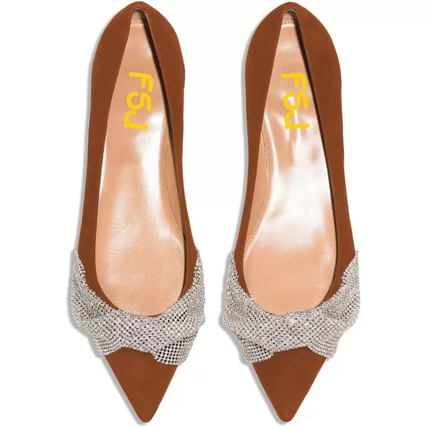 imageFSJ Women Classic Pointed Toe Rhinestone Sequins Bow Casual Slip on Faux Suede Comfort Low Thick Heel Walking Ballet Flat Shoes Size 415 USChocolate