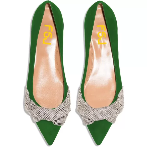 imageFSJ Women Classic Pointed Toe Rhinestone Sequins Bow Casual Slip on Faux Suede Comfort Low Thick Heel Walking Ballet Flat Shoes Size 415 USGreen