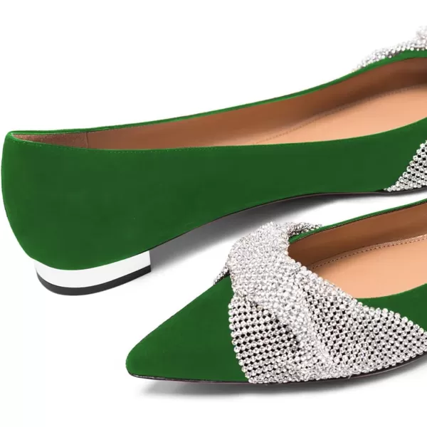 imageFSJ Women Classic Pointed Toe Rhinestone Sequins Bow Casual Slip on Faux Suede Comfort Low Thick Heel Walking Ballet Flat Shoes Size 415 USGreen