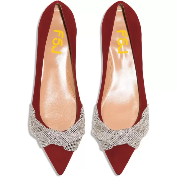 imageFSJ Women Classic Pointed Toe Rhinestone Sequins Bow Casual Slip on Faux Suede Comfort Low Thick Heel Walking Ballet Flat Shoes Size 415 USRed