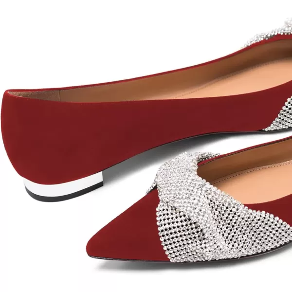 imageFSJ Women Classic Pointed Toe Rhinestone Sequins Bow Casual Slip on Faux Suede Comfort Low Thick Heel Walking Ballet Flat Shoes Size 415 USRed