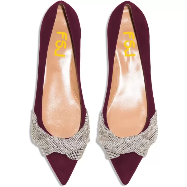 imageFSJ Women Classic Pointed Toe Rhinestone Sequins Bow Casual Slip on Faux Suede Comfort Low Thick Heel Walking Ballet Flat Shoes Size 415 USRed Wine