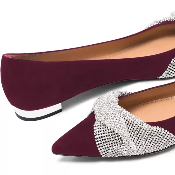imageFSJ Women Classic Pointed Toe Rhinestone Sequins Bow Casual Slip on Faux Suede Comfort Low Thick Heel Walking Ballet Flat Shoes Size 415 USRed Wine