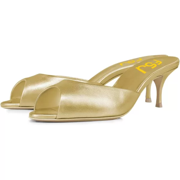 imageFSJ Women Comfort Peep Toe Low Kitten Heel Sandals Slip On Mules Wide Straps Backless Summer Dressy Slide Slippers Size 415 USGold