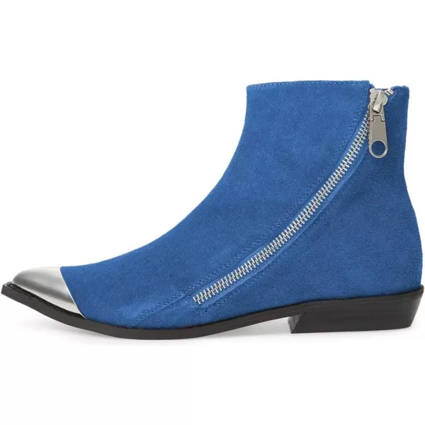 imageFSJ Women Comfy Western Flat Ankle Boots Low Heel Pointed Toe Side Zipper Booties Dress Daily Work Shoes Size 415 USBlue