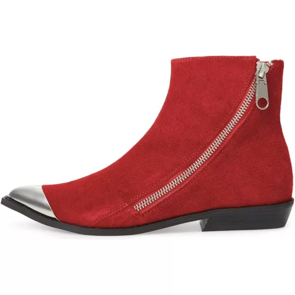imageFSJ Women Comfy Western Flat Ankle Boots Low Heel Pointed Toe Side Zipper Booties Dress Daily Work Shoes Size 415 USRed