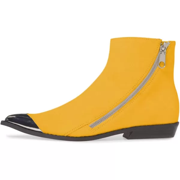imageFSJ Women Comfy Western Flat Ankle Boots Low Heel Pointed Toe Side Zipper Booties Dress Daily Work Shoes Size 415 USYellow