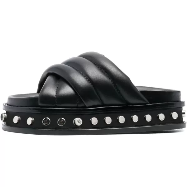 imageFSJ Women Fashion Mules Thick Sole Rivets Studded Flats Sandals Comfortable Open Toe Slip On Slides Crossed Strap Slipper Casual Shoes Size 416 USBlack
