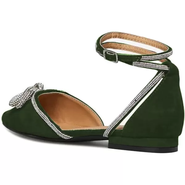 imageFSJ Women Pointed Toe Comfort Low Heel DOrsay Casual Ballet Flats Rhinestones Bowknot Chain Ankle Strap Buckle Office Lace Up Dress Wedding Shoes Size 415 USForest Green
