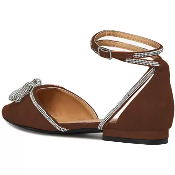 imageFSJ Women Pointed Toe Comfort Low Heel DOrsay Casual Ballet Flats Rhinestones Bowknot Chain Ankle Strap Buckle Office Lace Up Dress Wedding Shoes Size 415 USBrown