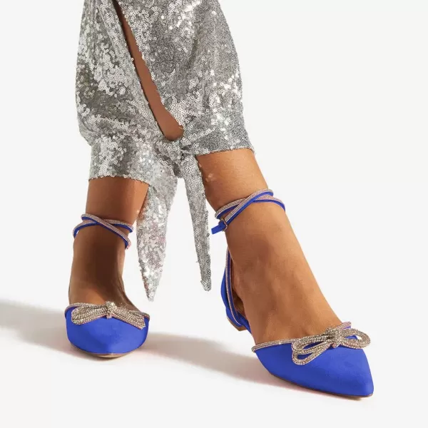 imageFSJ Women Pointed Toe Comfort Low Heel DOrsay Casual Ballet Flats Rhinestones Bowknot Chain Ankle Strap Buckle Office Lace Up Dress Wedding Shoes Size 415 USBlue