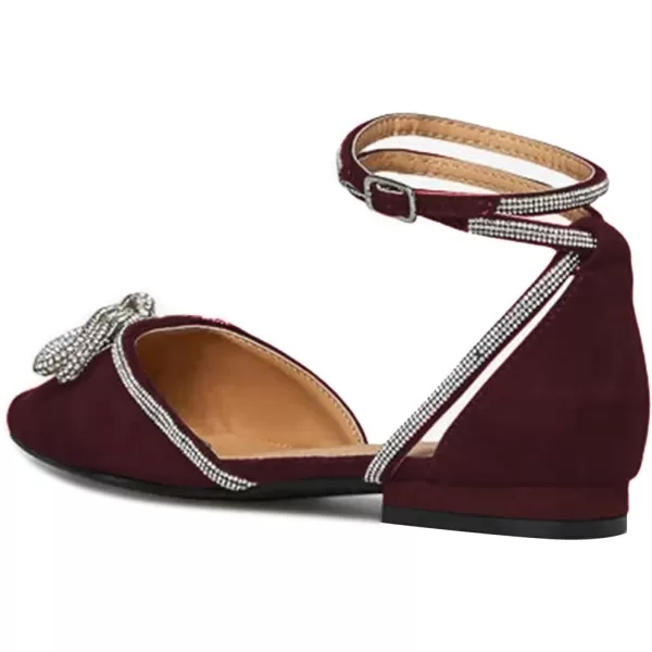 imageFSJ Women Pointed Toe Comfort Low Heel DOrsay Casual Ballet Flats Rhinestones Bowknot Chain Ankle Strap Buckle Office Lace Up Dress Wedding Shoes Size 415 USMaroon