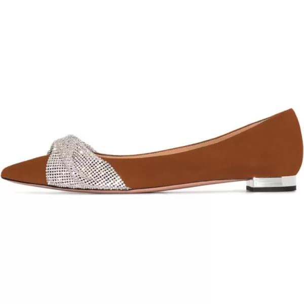 imageFSJ Women Classic Pointed Toe Rhinestone Sequins Bow Casual Slip on Faux Suede Comfort Low Thick Heel Walking Ballet Flat Shoes Size 415 USChocolate