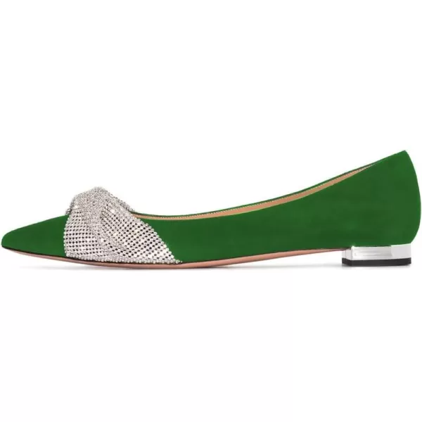 imageFSJ Women Classic Pointed Toe Rhinestone Sequins Bow Casual Slip on Faux Suede Comfort Low Thick Heel Walking Ballet Flat Shoes Size 415 USGreen