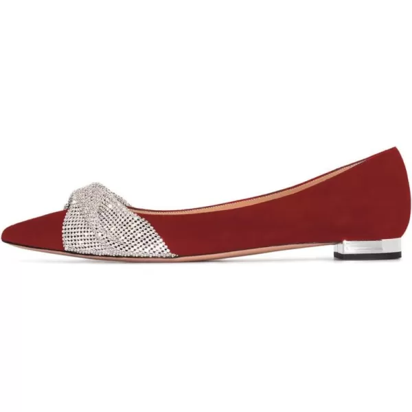 imageFSJ Women Classic Pointed Toe Rhinestone Sequins Bow Casual Slip on Faux Suede Comfort Low Thick Heel Walking Ballet Flat Shoes Size 415 USRed