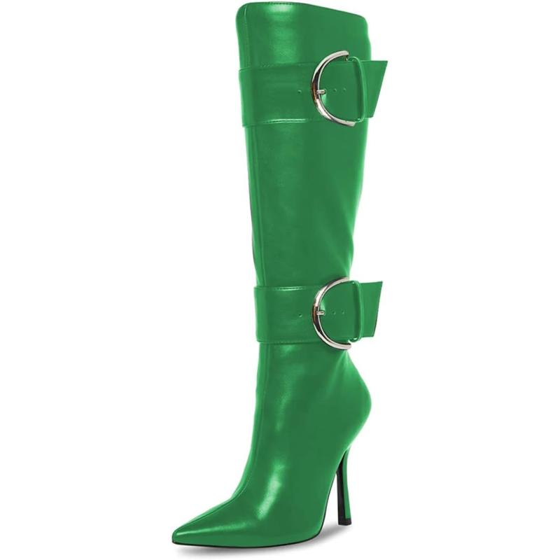 imageFSJ Women Stylish Thigh High Heel Boot Pointed Toe Stiletto Over the Knee High Boots with Zipper Fashion Metal Buckle Winter Long Boots Size 415 USGreen