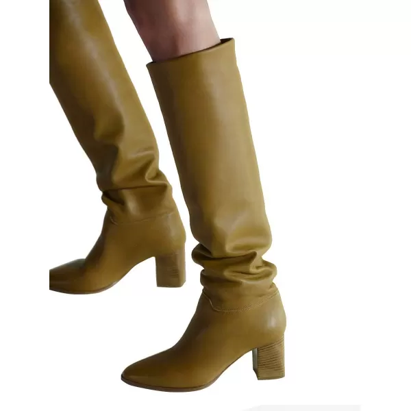 imageFSJ Women Classic Pointy Toe Knee High Boots Block Stacked Chunky Heel Comfort Pull On Formal Party Dress Fall Winter Shoes Size 415 USBrown