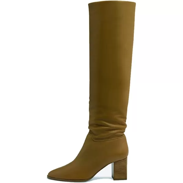 imageFSJ Women Classic Pointy Toe Knee High Boots Block Stacked Chunky Heel Comfort Pull On Formal Party Dress Fall Winter Shoes Size 415 USBrown